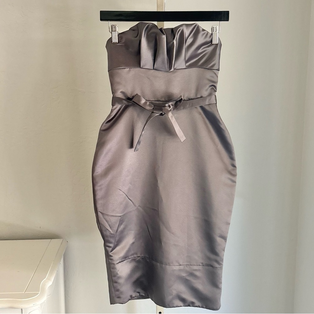 BCBGMazAzria Green Gray Strapless Satin Pleat Tie Waist Fitted Dress, Size 0
